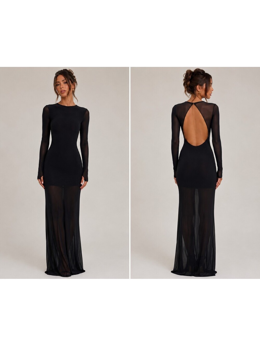 Black Sheer Open Back Whimsigoth Goth Maxi Dress Beach Cover-Up Long Sleeve S